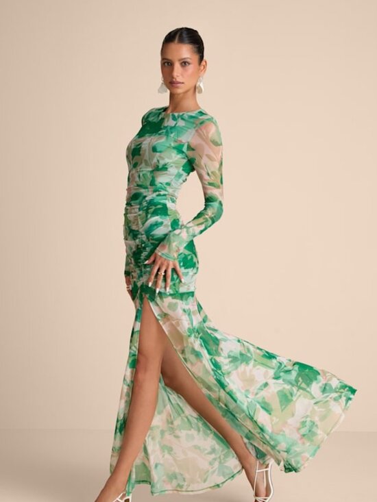 Lulus Dresses & Skirts - Lulus Vibrant Poise Green Floral Print Mesh Ruched Maxi Dress - Size XS
